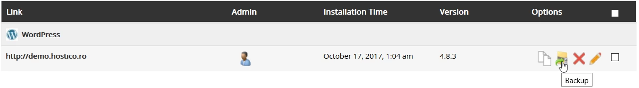 La section de sauvegarde de l'application Softaculous