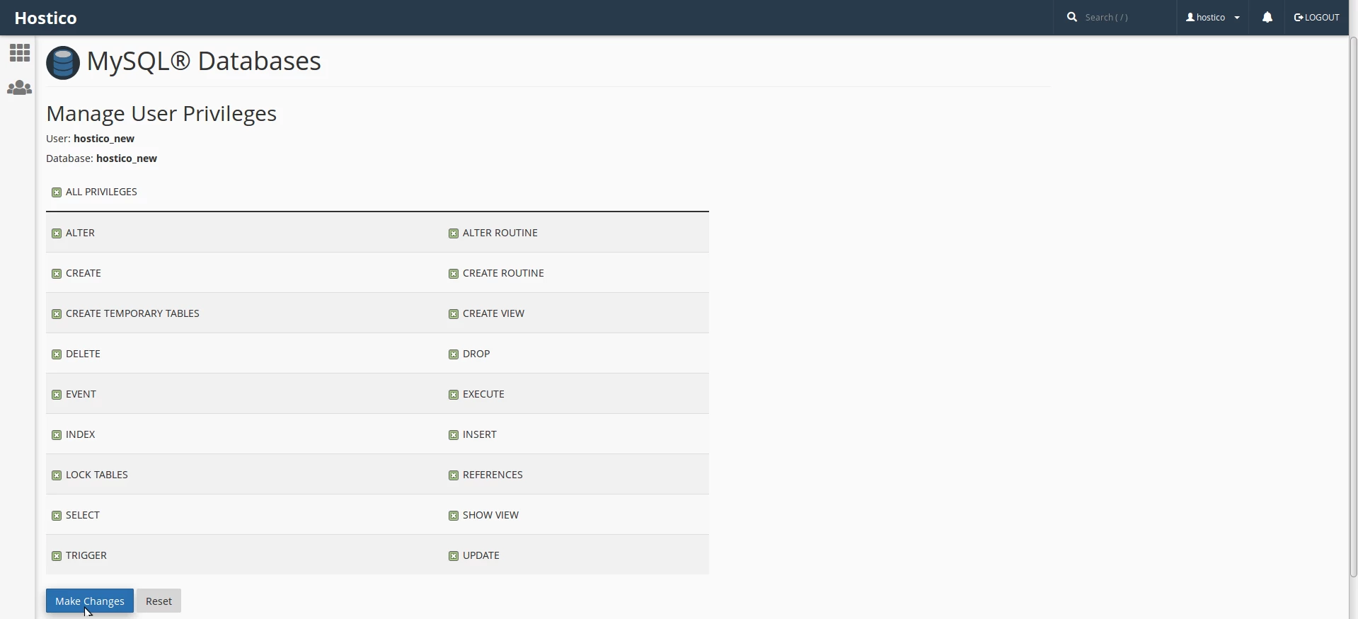 Privilèges de base de données cPanel
