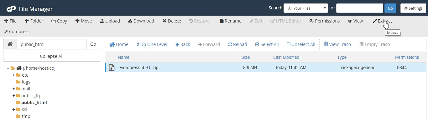 Dezarhivare fișiere WordPress