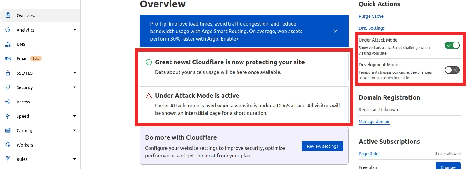 Notification de mode Sous Attaque actif